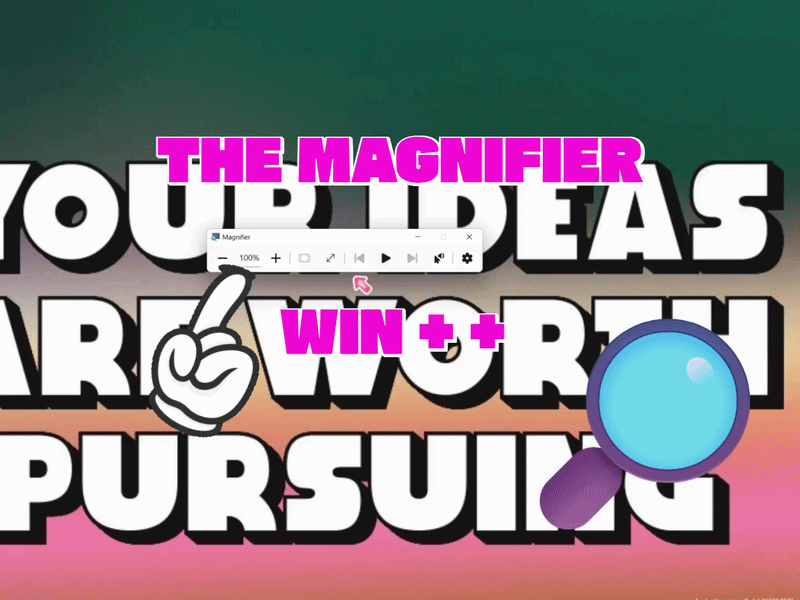 Graphic thumbnail with pink THE MAGNIFIER and WIN++, a hand cursor, magnifying glass, and Windows Magnifier toolbar over bold text.