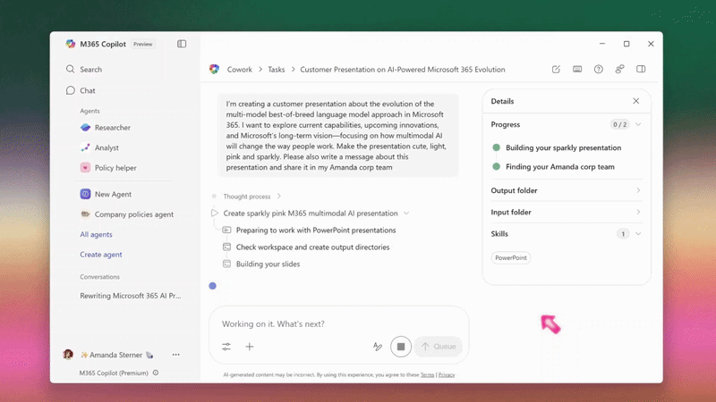 A computer screen shows M365 Copilot Cowork with tasks and progress for a customer presentation. Text details steps and skills, set against a gradient background.