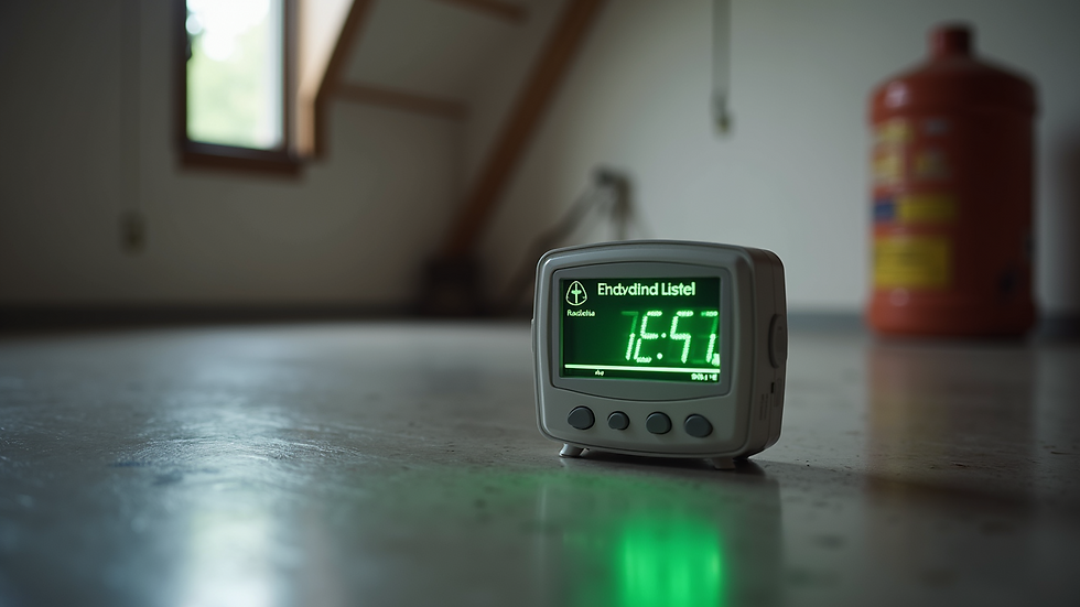 Eye-level view of radon testing device placed on a basement floor