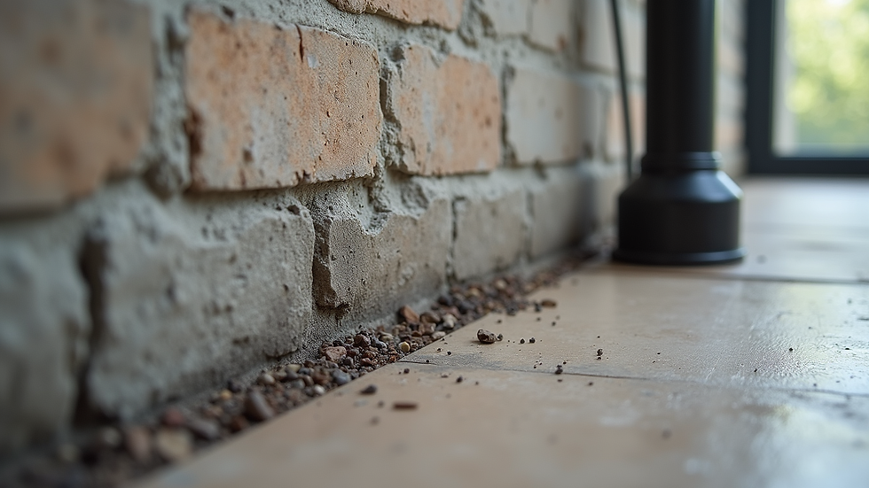 Close-up view of sealed foundation cracks and installed radon vent pipe