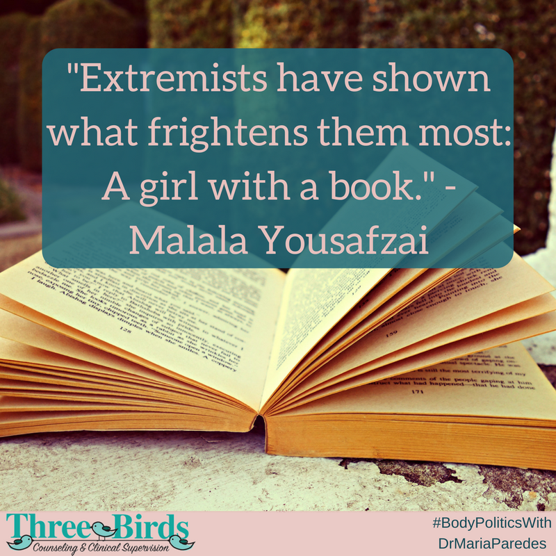 Photo of open book with Malala quote that says "Extremists have shown what frightens them most: A girl with a book.