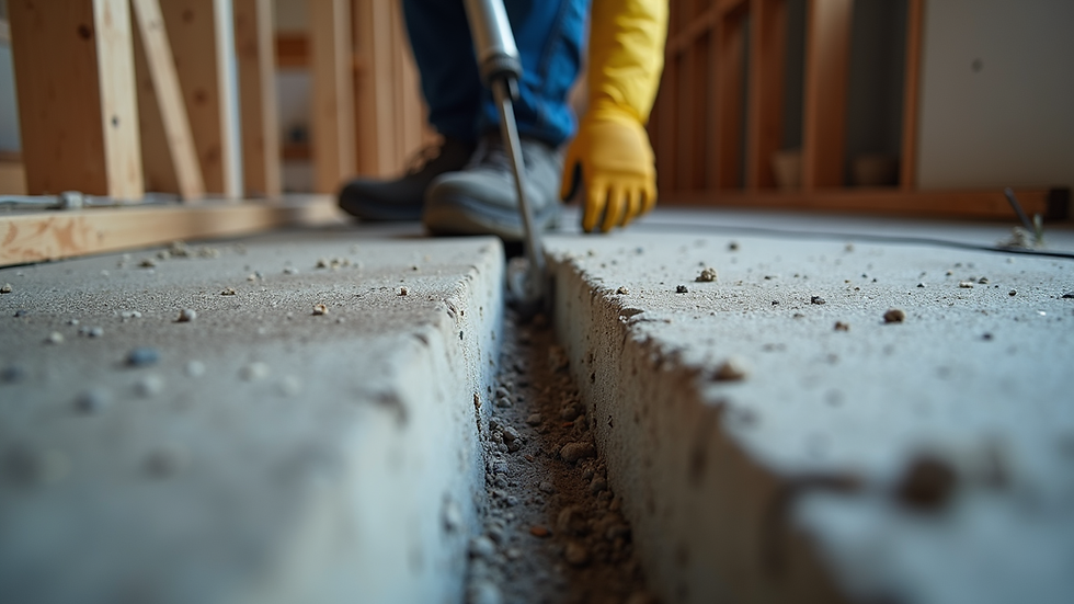 Eye-level view of basement foundation crack being sealed during radon mitigation
