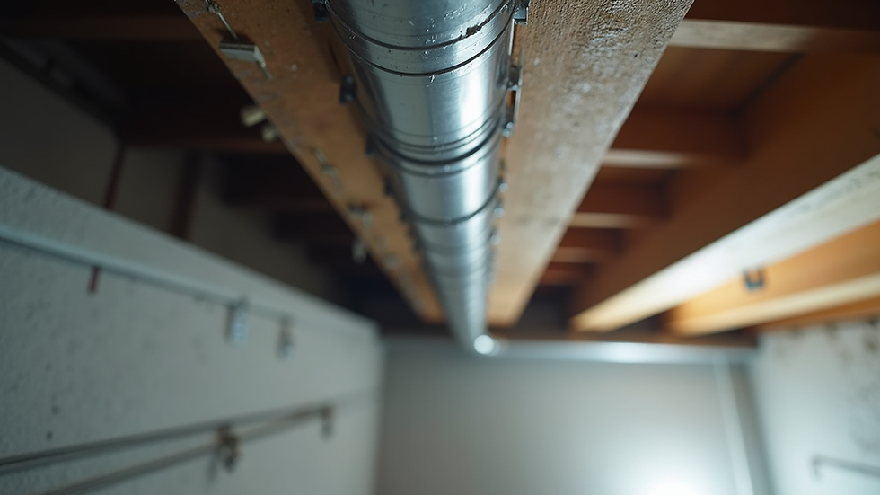 High angle view of a radon mitigation system pipe installed on a basement ceiling