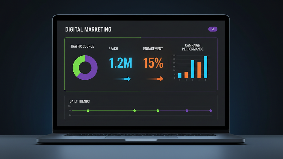 Eye-level view of a laptop screen showing digital marketing analytics dashboard