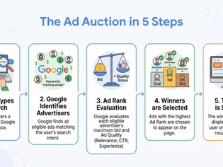 Flowchart illustrating "The Ad Auction in 5 Steps," showing the process from user search to ad display. Includes text and graphics.