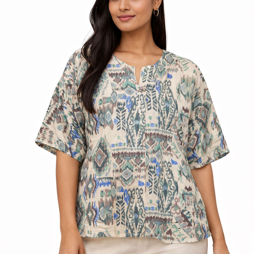 Thumbnail: Reeca Earthy Ikat Printed Top – Relaxed Fit Elegant Casual Wear (Short Sleeve)