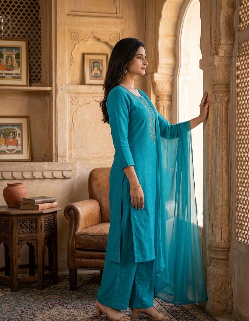 Thumbnail: Teal Blue Embroidered Rayon Kurta Set with Palazzo and Chiffon Dupatta