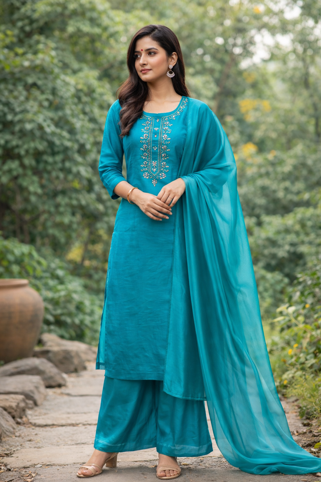 Teal Blue Embroidered Rayon Kurta Set with Palazzo and Chiffon Dupatta