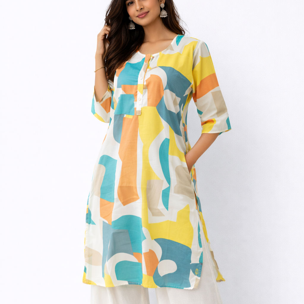 Reeca Sage Leaf Print Kurti – Minimal Printed Rayon Kurta for Women