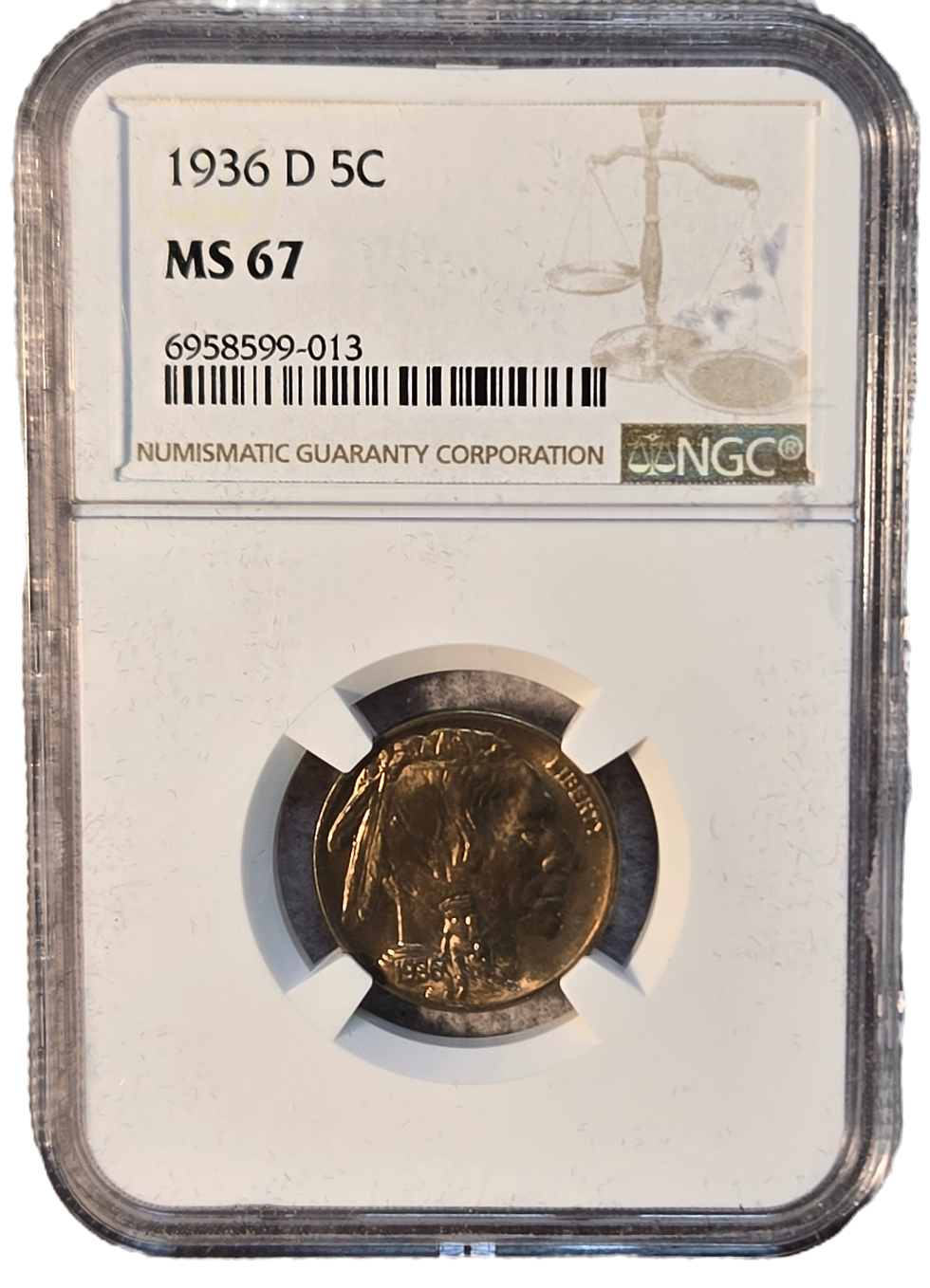 Thumbnail: 1936-D Buffalo Nickel. NGC MS67