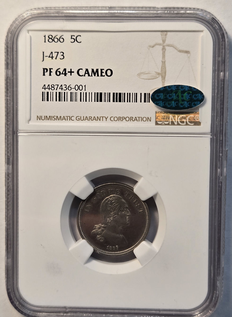 Thumbnail: 1866 Five Cent Pattern Judd-473 NGC Proof 64+Cameo CAC