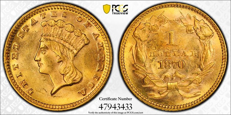 Thumbnail: 1870 Gold Dollar. PCGS MS64 CAC