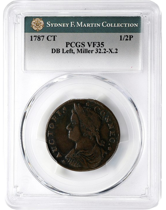 Thumbnail: 1787 Connecticut Half Penny. M 32.2-X.2. PCGS VF35. Ex Syd Martin. R5-