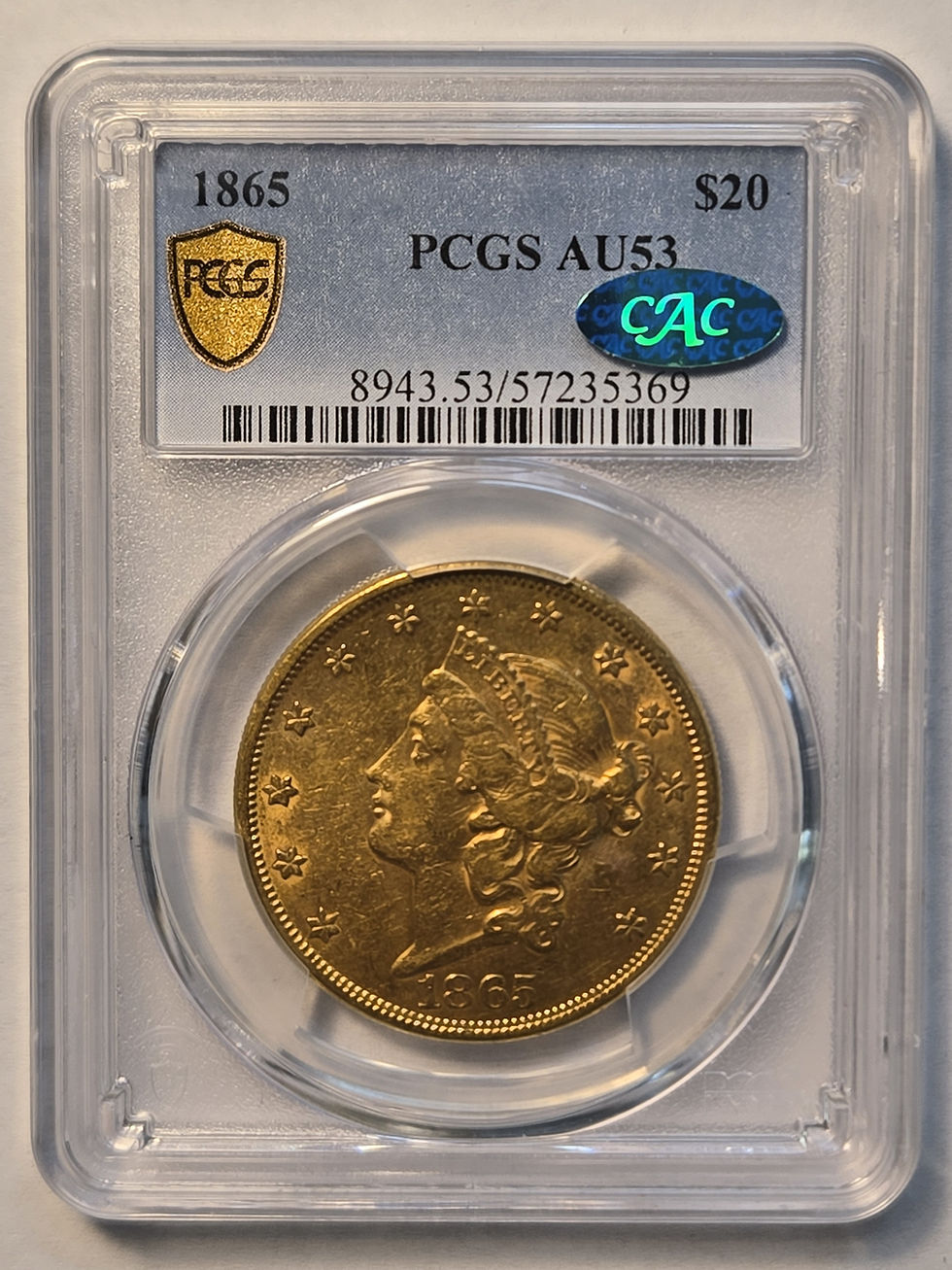 Thumbnail: 1865 $20 Gold PCGS AU53 CAC