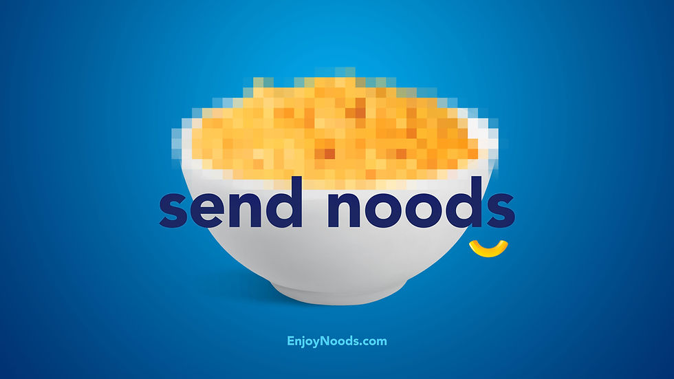 A bowl of delicious mac'n'cheese is pixelated with the instructions for the viewer to "send noods"