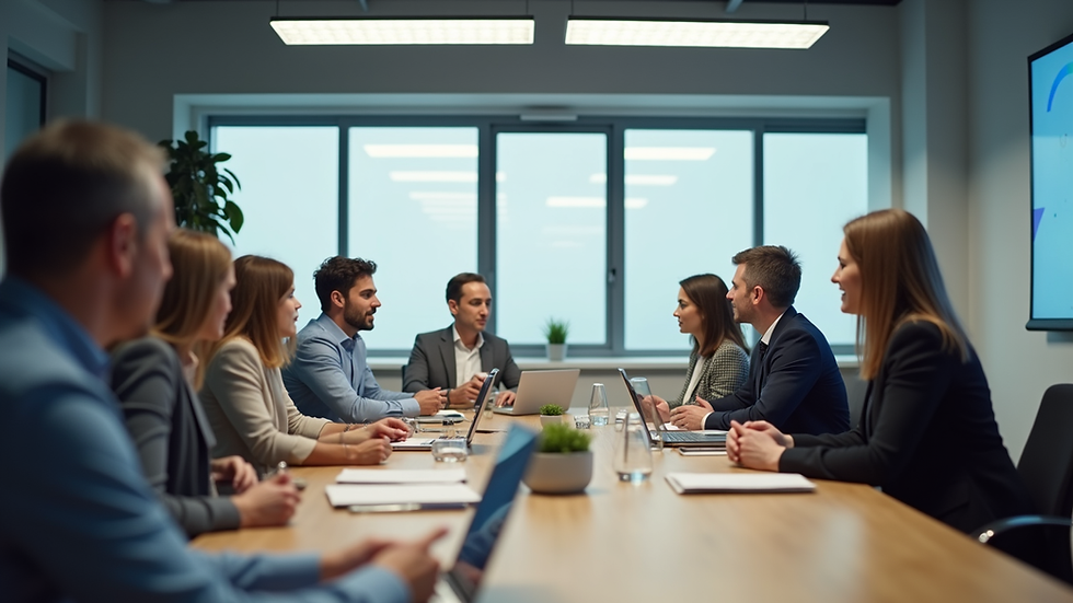 Eye-level view of a modern office meeting room with diverse team members collaborating