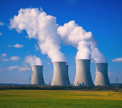 Nuclear power plant cooling towers emitting steam against a clear blue sky.jpeg