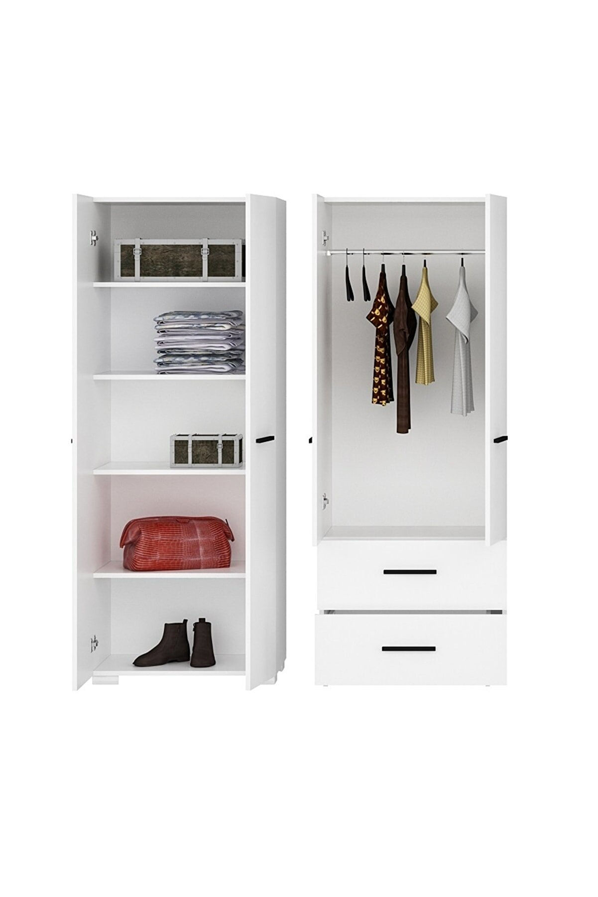 RI143301 - 144 cm MODÜL 1-2 GARDIROP ELBİSE DOLABI 7 RAFLI 2 ÇEKMECELİ BEYAZ