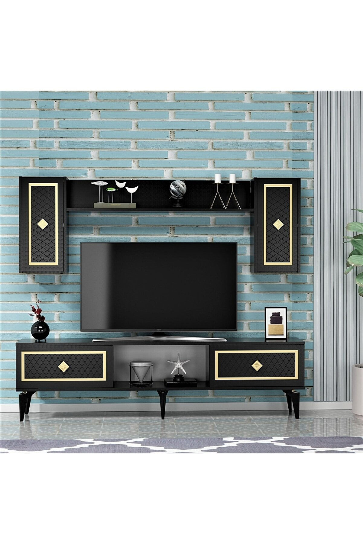 HE14130116 - 150 cm TV ÜNİTESİ DUVARA MONTE RAFLI SİYAH - ALTIN