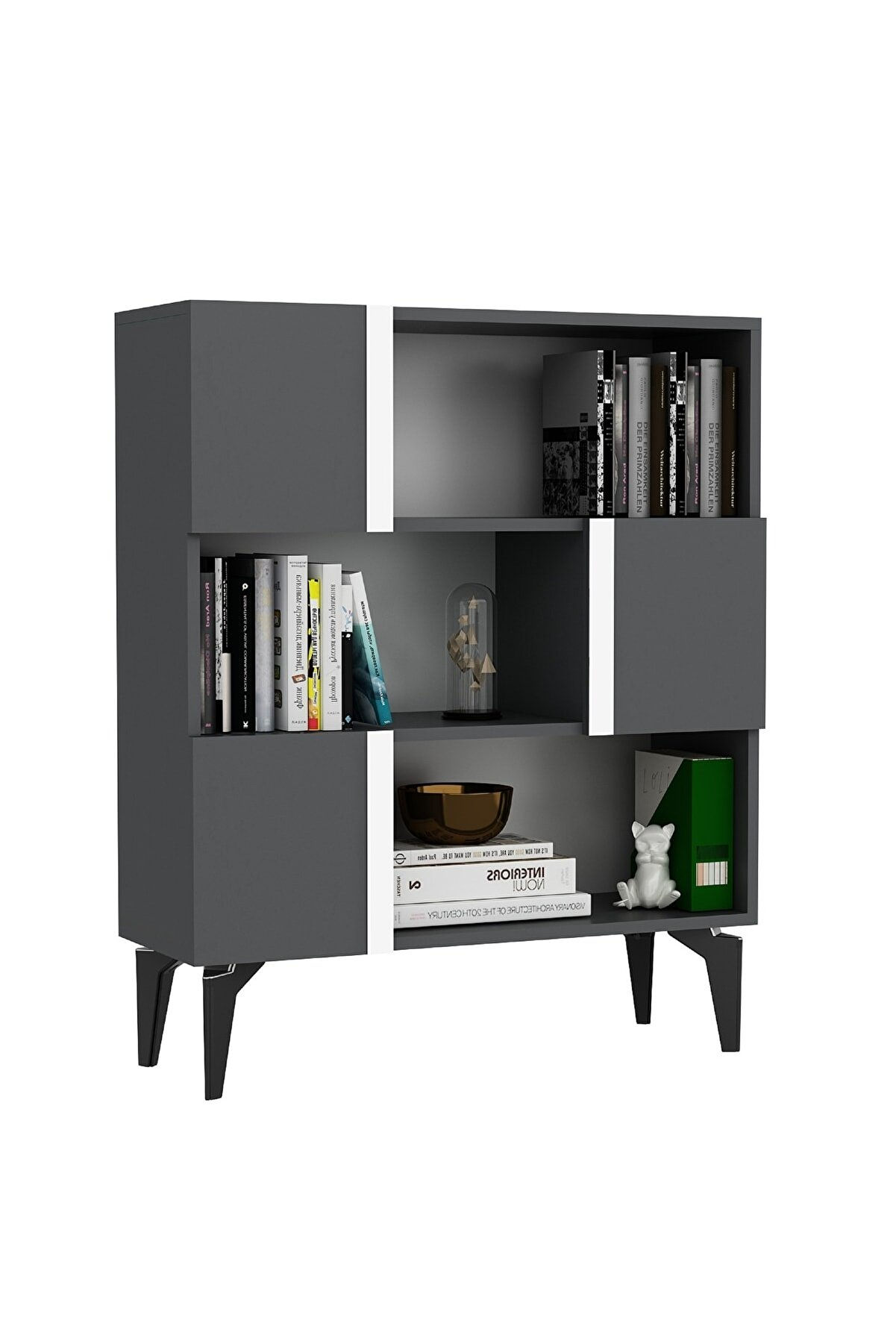 RO770037 - 90 cm KİTAPLIK 3 KAPAKLI 6 RAFLI KÜTÜPHANE ANTRASİT - GÜMÜŞ