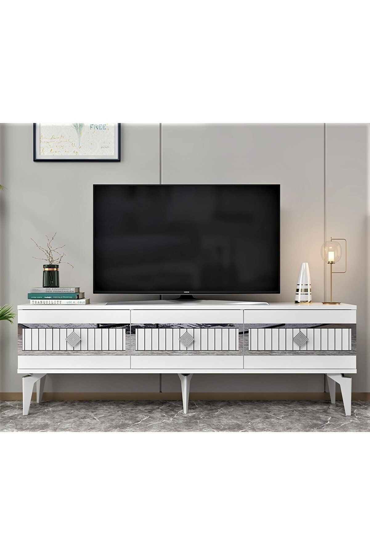 NO1379017 - 150 cm TV SEHPASI 3 KAPAKLI BEYAZ - GÜMÜŞ