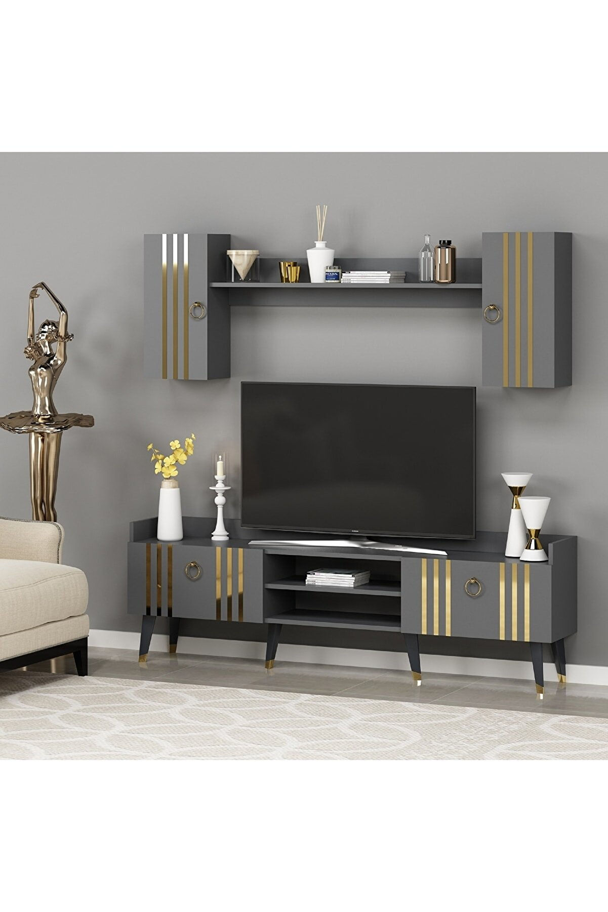IS1330036 - 180 cm TV ÜNİTESİ DUVARA MONTE RAFLI ANTRASİT - ALTIN