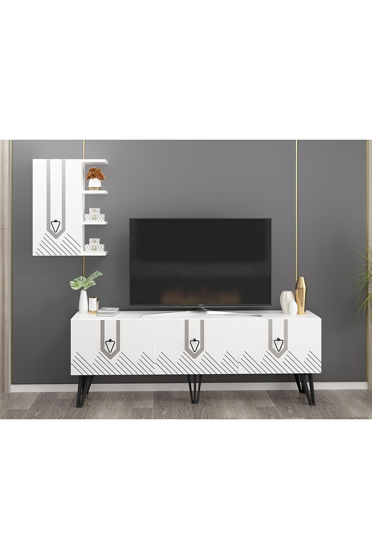 RE1248017 - 150 cm TV ÜNİTESİ DUVARA MONTE RAFLI BEYAZ - GÜMÜŞ