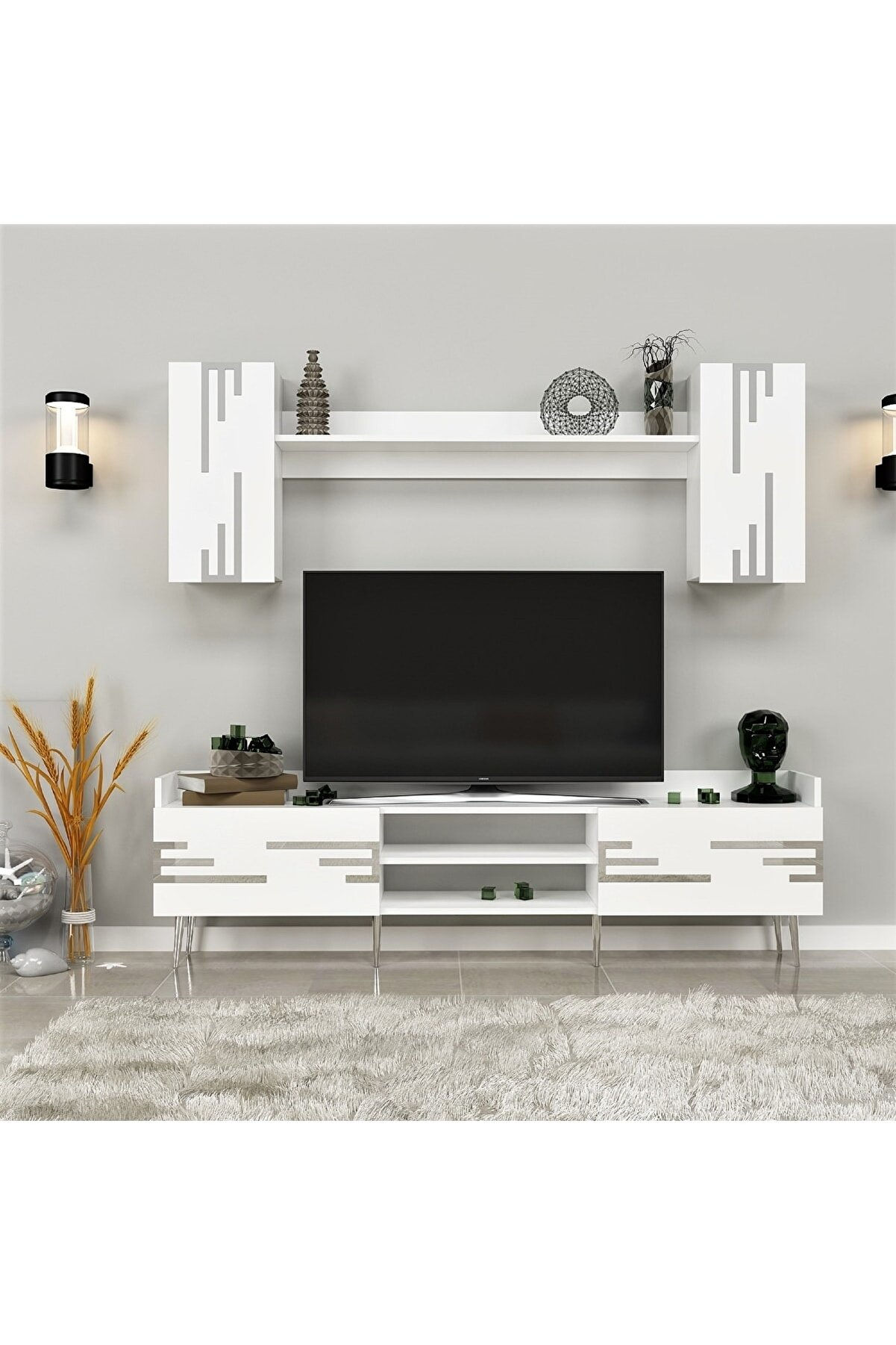 AD1322017 - 184 cm TV ÜNİTESİ DUVARA MONTE RAFLI BEYAZ - GÜMÜŞ