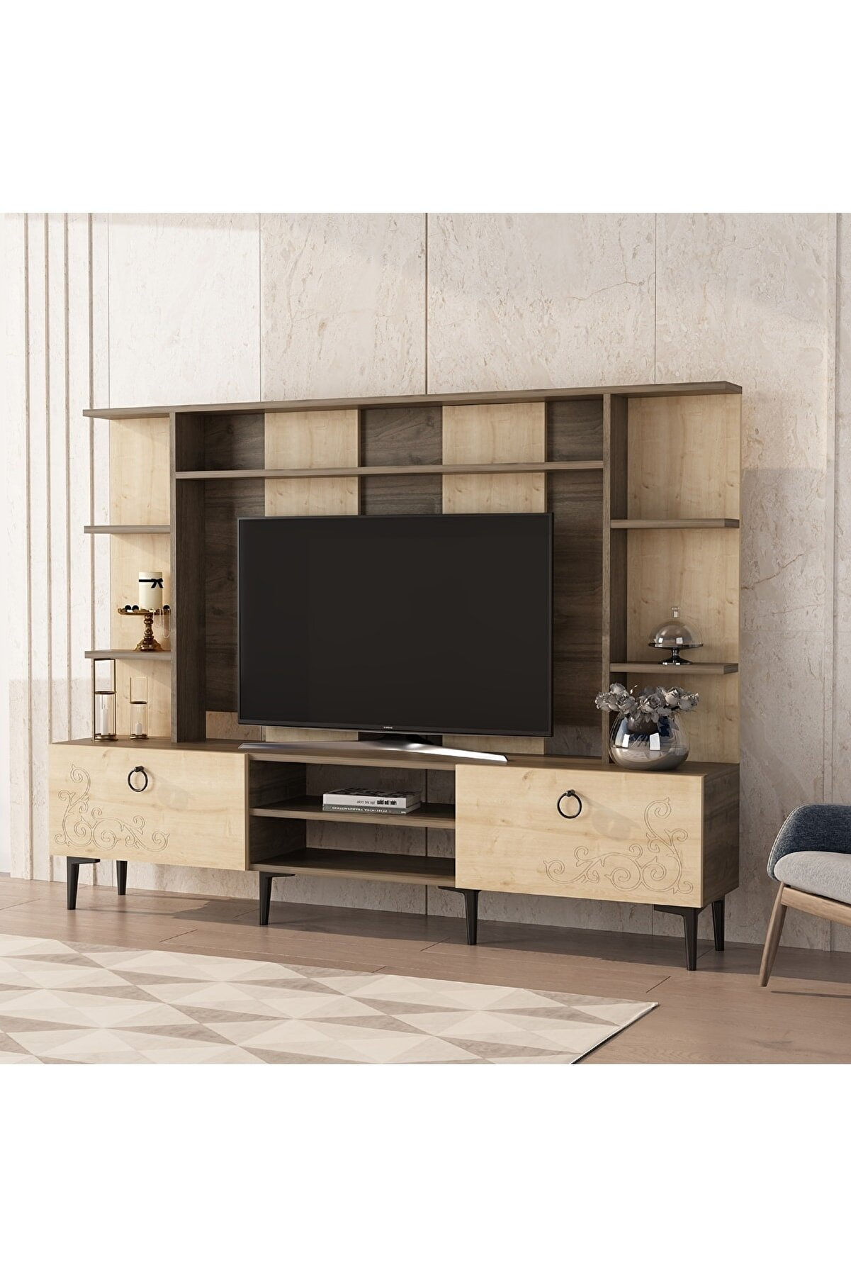 SA1102042 - 180 cm TV ÜNİTESİ ARKALIKLI RAFLI SAFİRMEŞE - CEVİZ