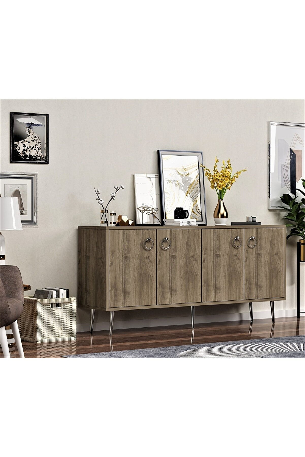 SO65102 - 160 cm KONSOL 4 KAPAKLI 4 RAFLI CEVİZ