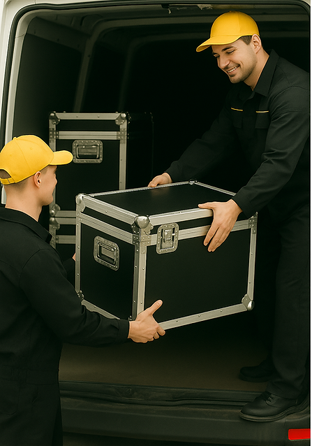 Dois funcionarios descarregando cases de equipamentos de som de um veiculo