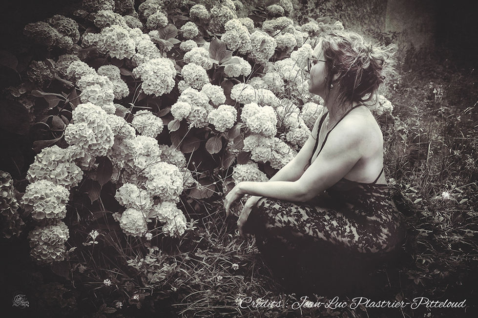 Femme près des fleurs, la tête levée, regardant les hortensias. Reflets De Fawn