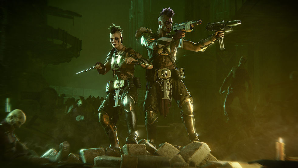 Two armored figures with mohawk hairstyles, one wielding a knife, the other aiming a gun, stand on rubble in a dim, eerie green-lit setting.