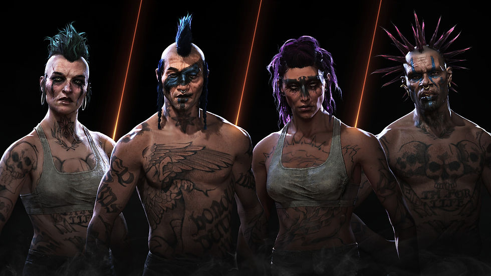 Four people with colorful mohawks and tattoos stand confidently against a dark background with orange streaks, displaying a rebellious mood.