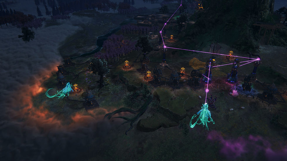 A mystical landscape with glowing blue specters, purple energy beams, towers, and an eerie forest. Fog and vibrant colors create a magical mood.