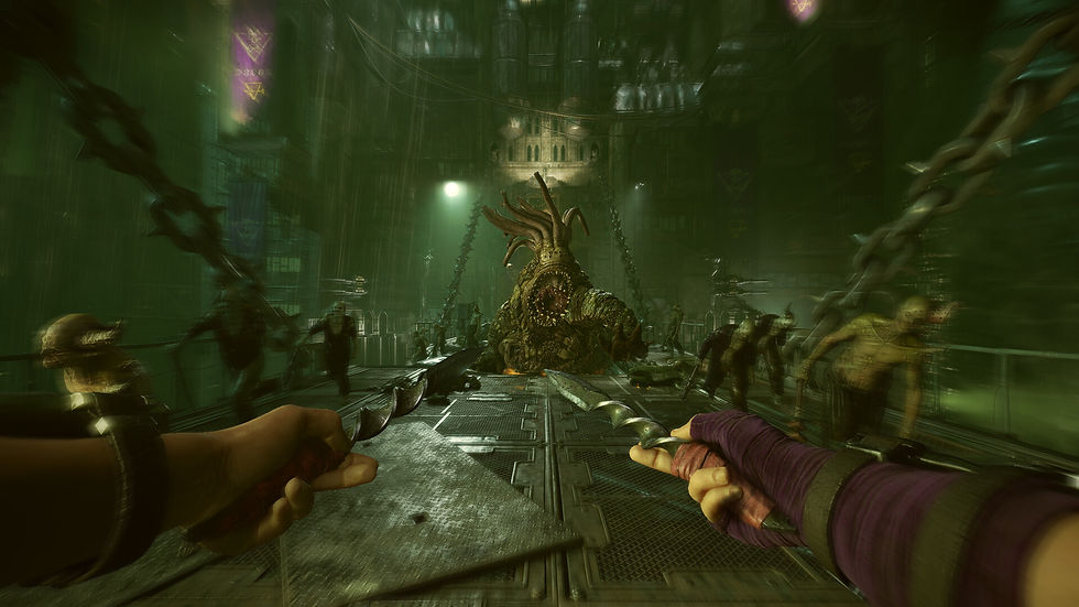 First-person view of dual blades drawn in a dark, industrial setting. A large monster with tentacles looms ahead, surrounded by chains and figures.