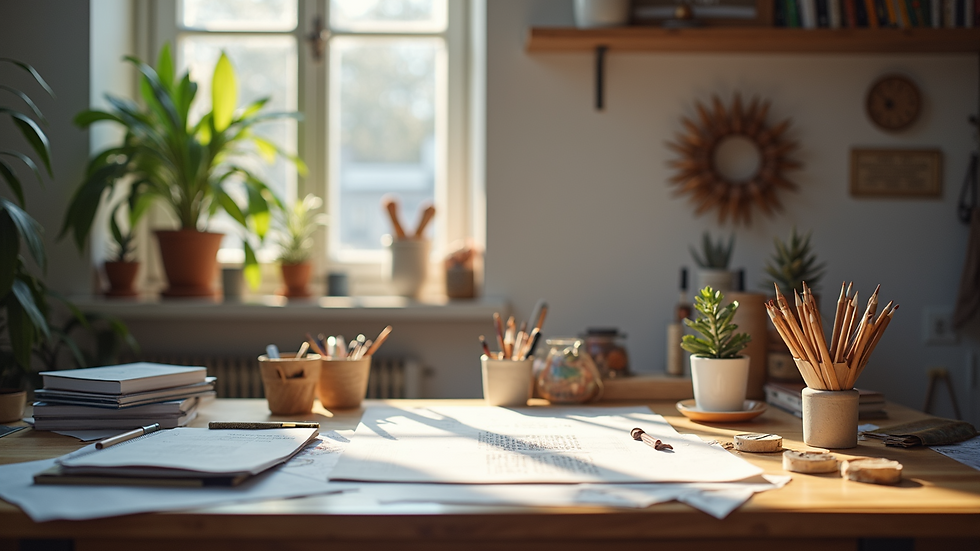 Wide angle view of a creative workspace with design tools and materials