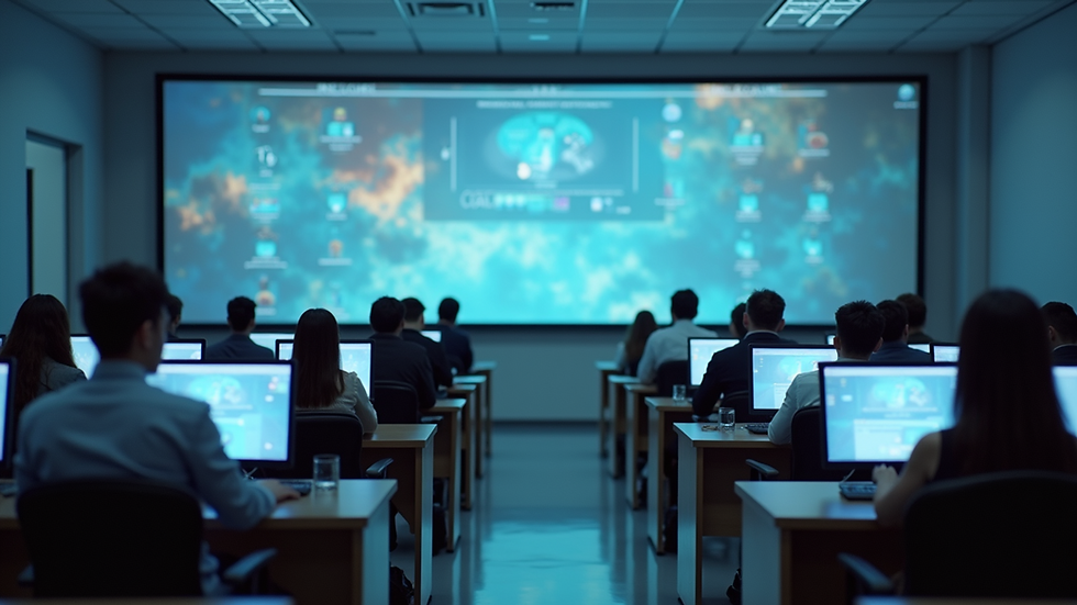 Eye-level view of a modern classroom with digital screens and students engaged