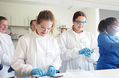 Group of students carrying out laboratory techniques together in bioscience training session