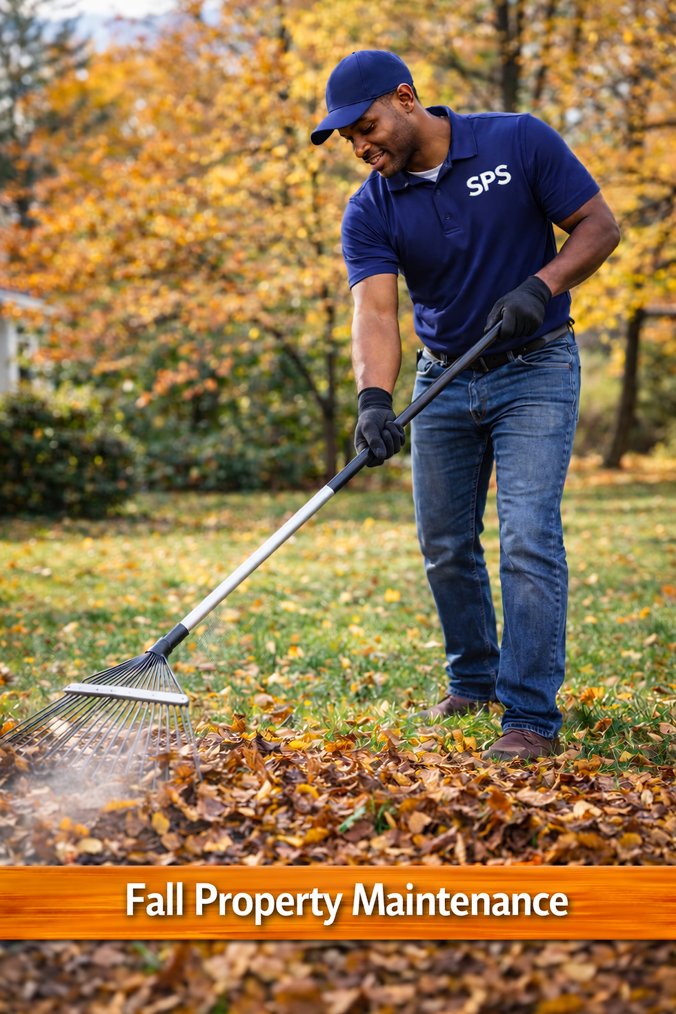 SPS technician raking autumn leaves in a residential yard during fall property maintenance service