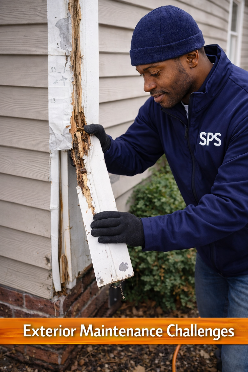 SPS technician removing rotted exterior trim board from residential siding for repair