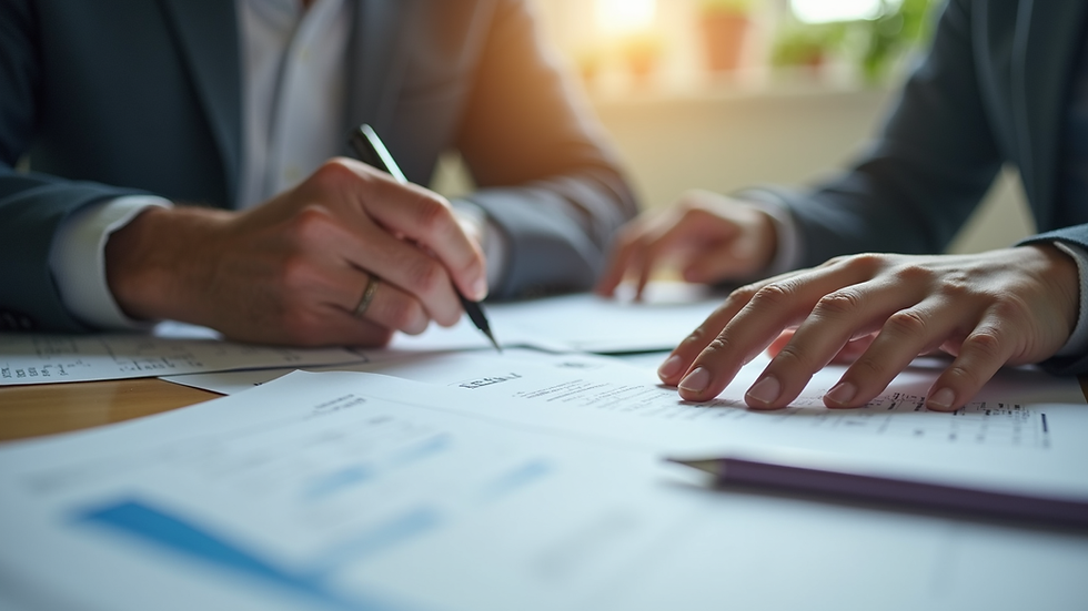 Close-up view of a community manager reviewing financial documents at a desk