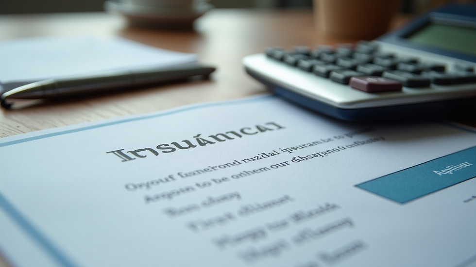Close-up view of insurance documents and calculator on a desk