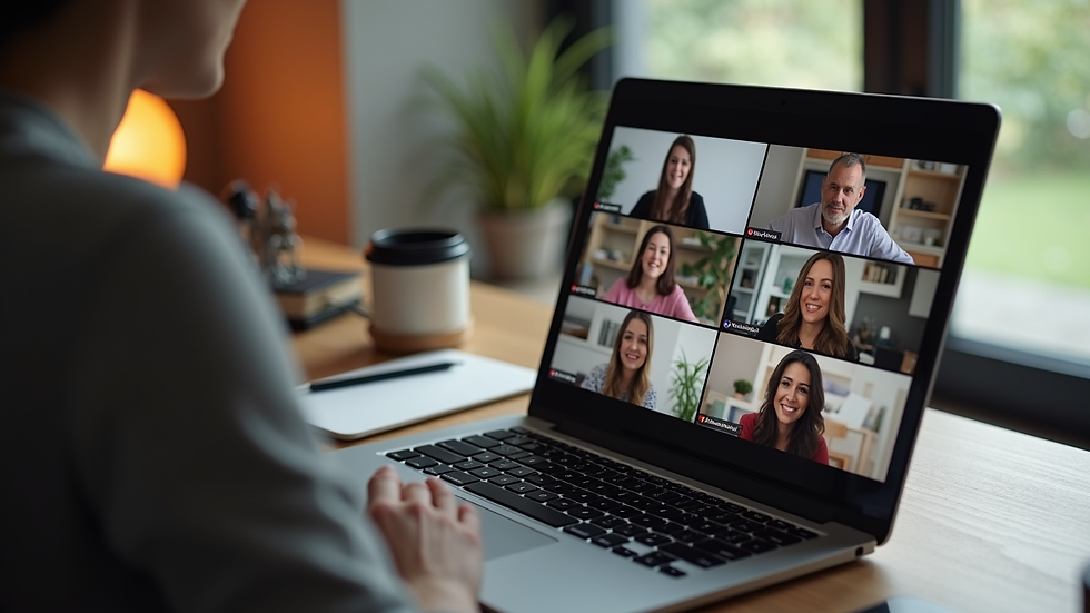 High angle view of a laptop displaying a virtual community meeting
