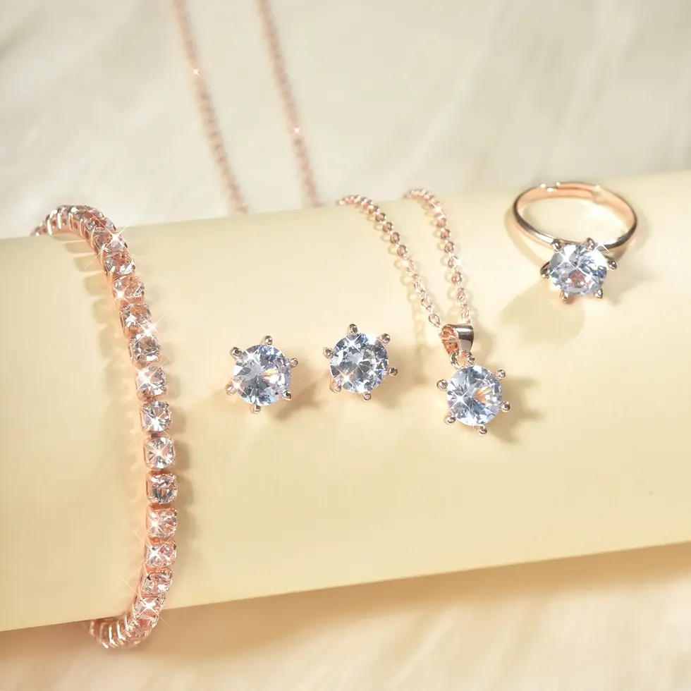 Thumbnail: 5Pcs Zirconia Jewelry Set Crystal Ring Necklace Bracelet Earrings Simple Elegant