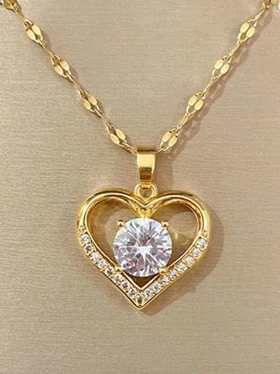 Artificial Gems Heart Pendant Necklace for women 2022 Golden Stainless Steel Lip