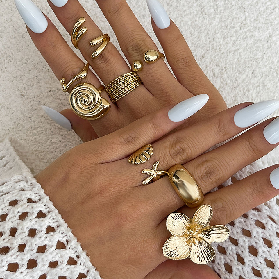 Thumbnail: Ingemark 8Pcs/Set Vintage Metal Petal Flower Water Drop Open Rings for Women Tre