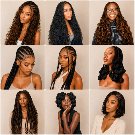 collage of nine women modeling different braided hairstyles, including boho knotless braids, micro pick-and-drop, French curls, stitch braids, Fulani braids, Koroba braids, Ivy braids, Tanavoho braids, and a knotless bob, against a soft neutral background.