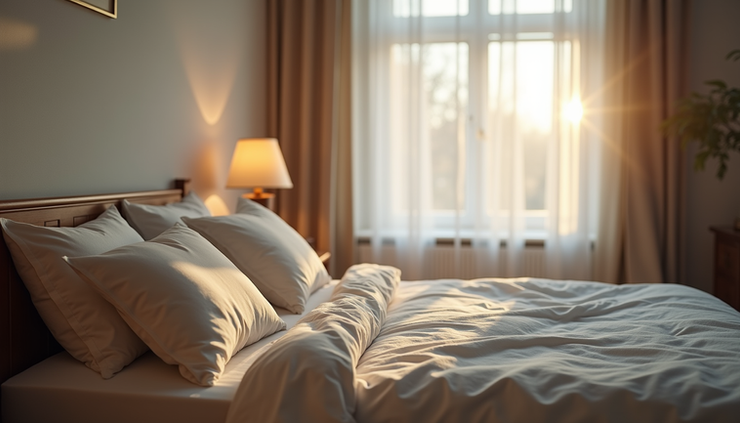 Eye-level view of a cozy bedroom with soft lighting and a neatly made bed