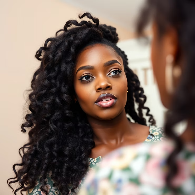 Close-up of a woman with long curly black hair gazing at her reflection in a mirror, indoors, calm and thoughtful.